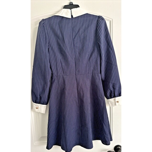 Eliza J Women's Twist-Front Cascade Collared Shirt Dress w.Pockets  White Navy 4 - Picture 8 of 9